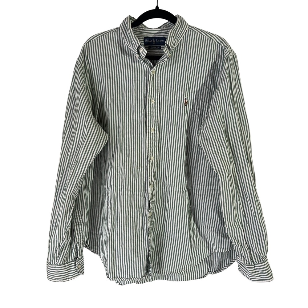 Polo Ralph Lauren Mens XL Classic Fit Green White Striped Cotton Button Down